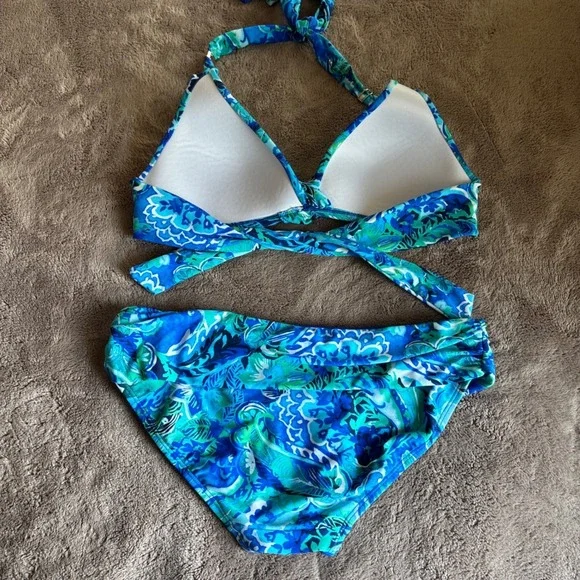 Lauren Ralph Lauren Exotic Paisley Halter Bikini Set Blue Green - Picture 4 of 10
